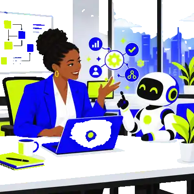 Illustration of a professional in a suit working alongside a small friendly AI robot, with automation gears and connected workflow nodes floating around them.