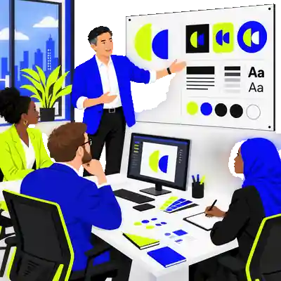 Illustration of a designer presenting a brand board with logo shapes, type samples and a row of colour chips.
