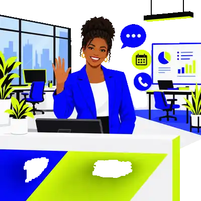 Illustration of a friendly professional in a blazer waving hello at a reception desk, with a chat bubble, calendar and phone icon beside her.