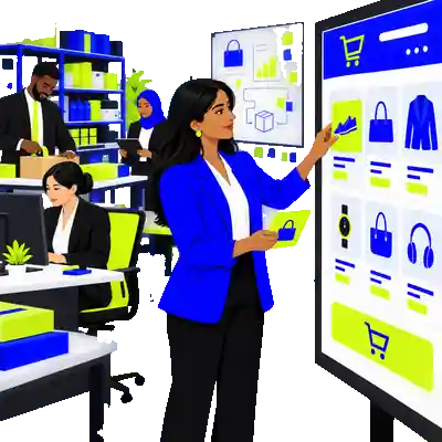 Illustration of a professional arranging product cards, a shopping cart and a checkout button on a storefront screen.