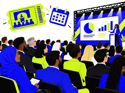 Illustration of a diverse professional audience at a live event facing a bright stage, with an event ticket and calendar icon floating above.