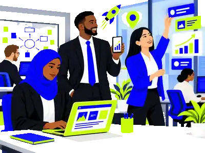 Illustration of a diverse team of professionals building a business together — a woman in a hijab working on a website, a man reviewing a growth chart on his phone, and a colleague arranging interface cards and a rising bar graph.