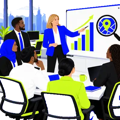 Illustration of a professional in a blazer pointing at a rising bar chart with an upward arrow, beside a magnifying glass over a map location pin.