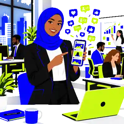 Illustration of a professional wearing a hijab holding a phone showing social posts, surrounded by likes, hearts and comment bubbles.