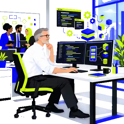Illustration of a developer at a two-monitor desk with floating code windows, gears and stacked blocks forming an app.