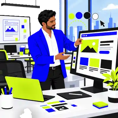 Illustration of a professional in a shirt and blazer assembling a website layout on a large screen, with colour swatches and a cursor floating nearby.